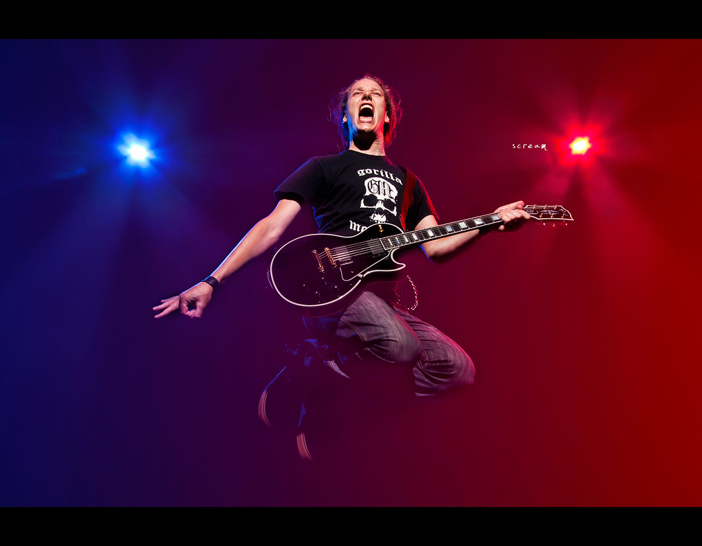Project 365, Day 347, 347/365, Strobist, Portrait, action, nightshot, guitar, gibson les paul, gibson, les paul custom, red blue, jump, rockstar, Canon EF 10-22 f3.5-4.5, 