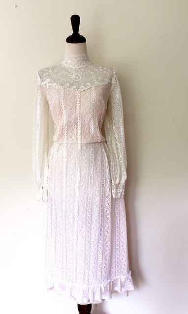 Victorian-Inspired Lace Tea Length Dress, vintage 1970s