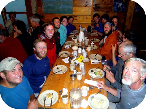 Dinner at Lakes of the Clouds hut. (left side from front: Brownie, Loop, Upstate, Face Jacket, Tide, Kiddo. Right Side from front: Beer Hunter, Timber, Seaweed, El Bear Jew, Rock Puncher, Hot Sauce, Beau)