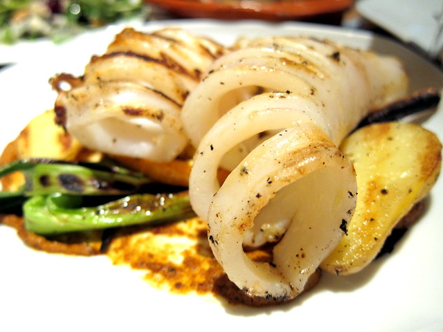 GRILLED SQUID AND FINGERLING POTATOES,  GREEN ONIONS AND ROMESCO