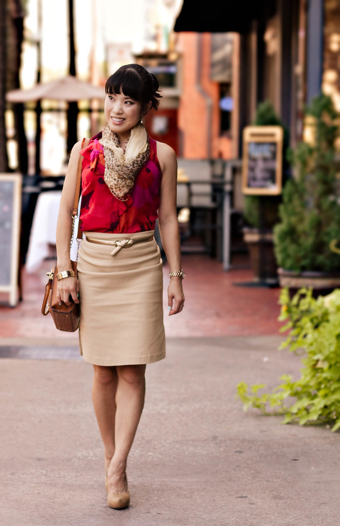loft abstract red shell, leopard scarf, papaya camel pencil skirt, melie bianco madison, ann taylor perfect metallic gold skinny belt, mk5430, forever 21 mustard suede pumps, gold bangles