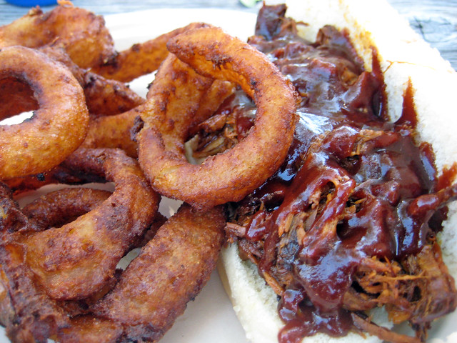 Pulled Pork w/ Onion rings.