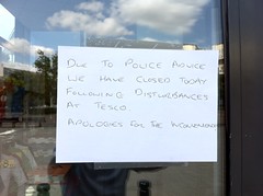 Surrey Quays: Decathlon closed. Some windows boarded up. Tesco business as usual.