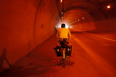 Cycling through a tunnel on Route 5 near Otaru, Hokkaido, Japan