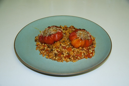 Meatball Stuffed Red Ruffled Pimientos over Toasted Fregola