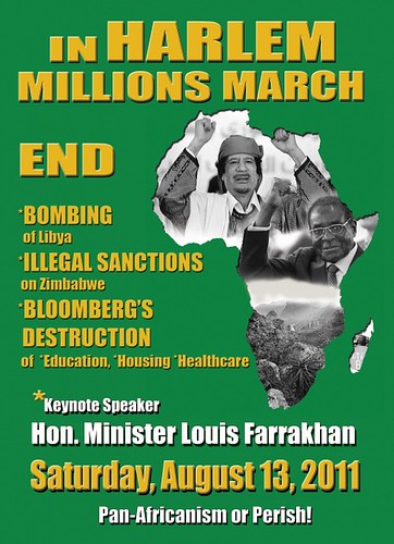 Poster for the Harlem Millions March on August 13, 2011 to oppose the US-NATO war against Libya and to demand the lifting of sanctions on Zimbabwe. There is a growing movement opposed to imperialist interventions. by Pan-African News Wire File Photos