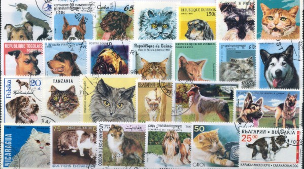 Známky - 100 rôznych, mačky a psy