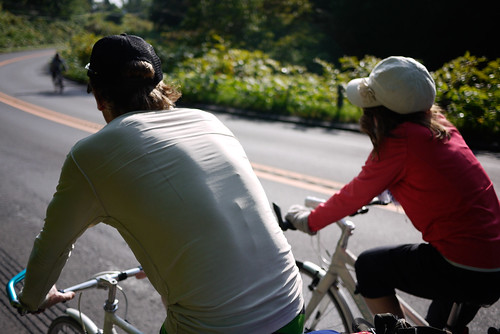 Cycling side-by-side near Lake Toya, Hokkaido, Japan