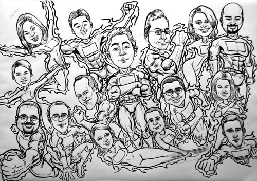 Group superheroes caricatures for AXA - pen and brush outline