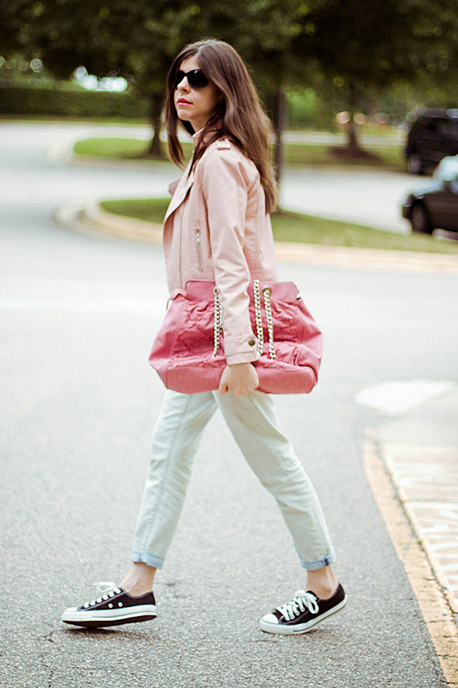 Pink leather jacket, Converse All Star Lo Top sneakers, Gap boyfriend jeans, Brashy Couture Tee, Fashion Outfit