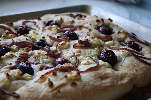 focaccia bread with cherries and goat cheese
