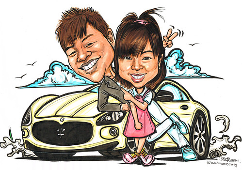 Couple caricatures with luxurious sports car