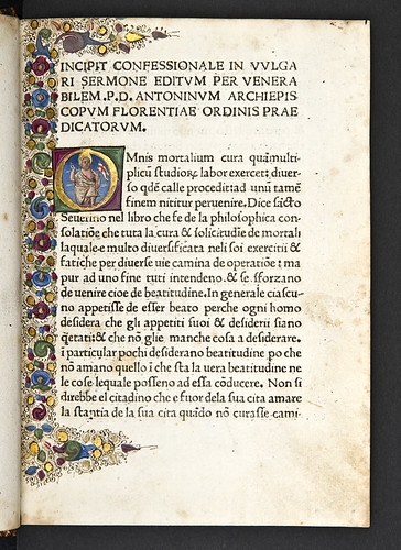 Historiated gilt initial in Antoninus Florentinus: Confessionale: Omnis mortalium cura [Italian]