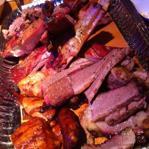 Hill Country Barbecue platter - ribs, brisket and chicken.