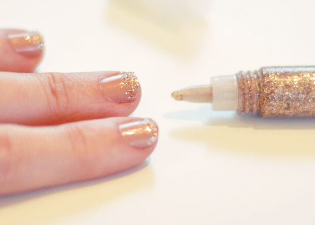 nails+nude with smokey quartz glitter glue from martha stewart