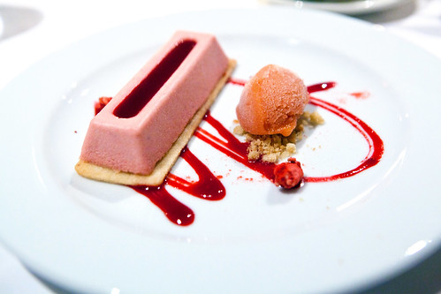 Strawberry Cheesecake with strawberry rhubarb sorbet