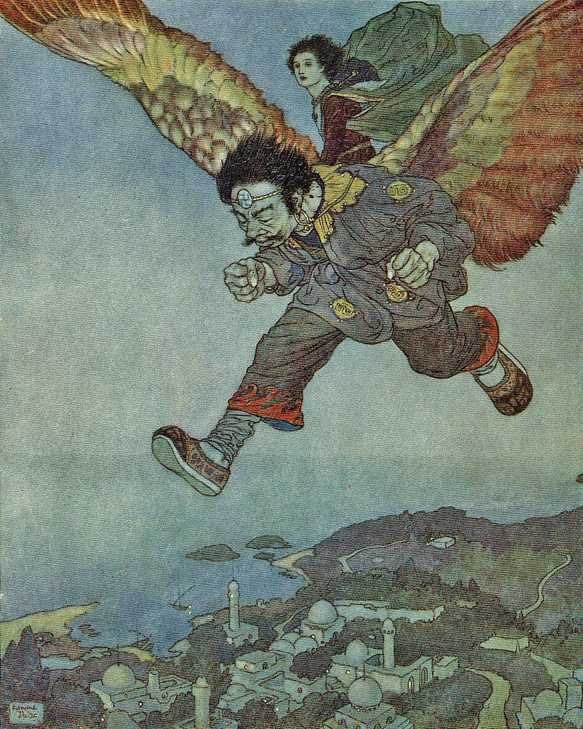 Edmund Dulac - 'The eagle in the great forest flew swiftly,  but the Eastwind flew more swiftly still.'  from the story "The Garden of Paradise" in Stories from Hans Andersen (1911)