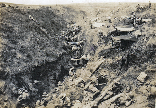 "The second day of the Battle of Gaza". British soldiers resting in a trench. Palestine. WW1.