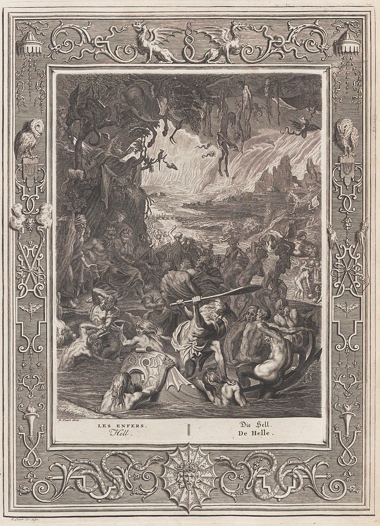 Bernard Picart's engraved mythological scene of hell with human misery all around