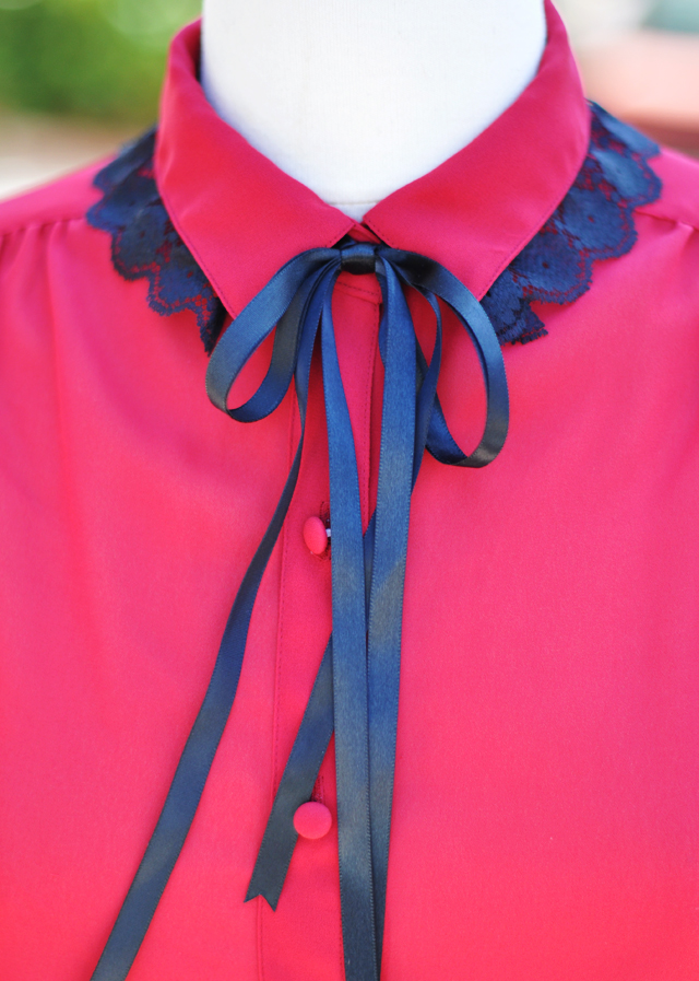 DIY black lace collar and ribbon over vintage red blouse 