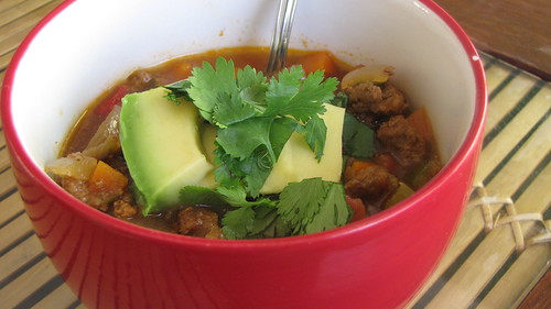 Grass Fed beef chili with cilantro and avocado