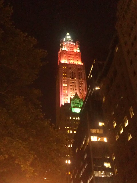 Getting closer to the Woolworth Building in green & red