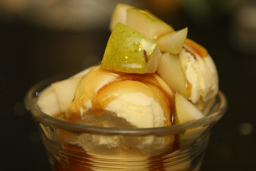 Vanilla Ice Cream with Bartlett Pears and Allagash Tripel Caramel Sauce