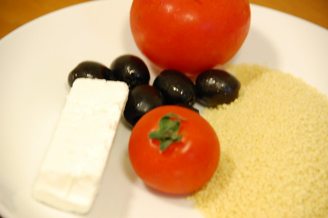 Olive, feta cheese, tomatoes, couscous
