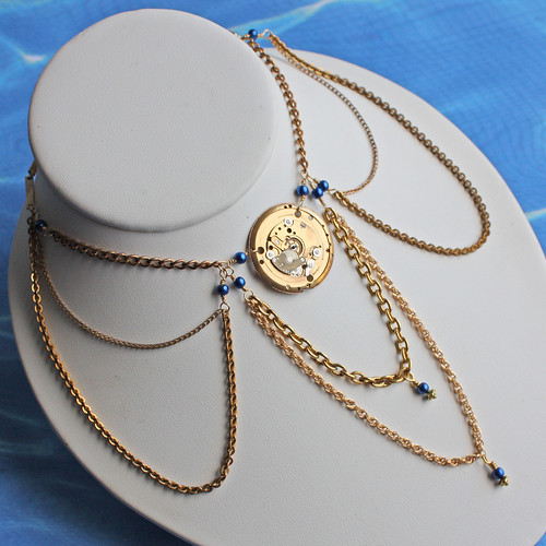 blue miracle bead brass steampunk necklace