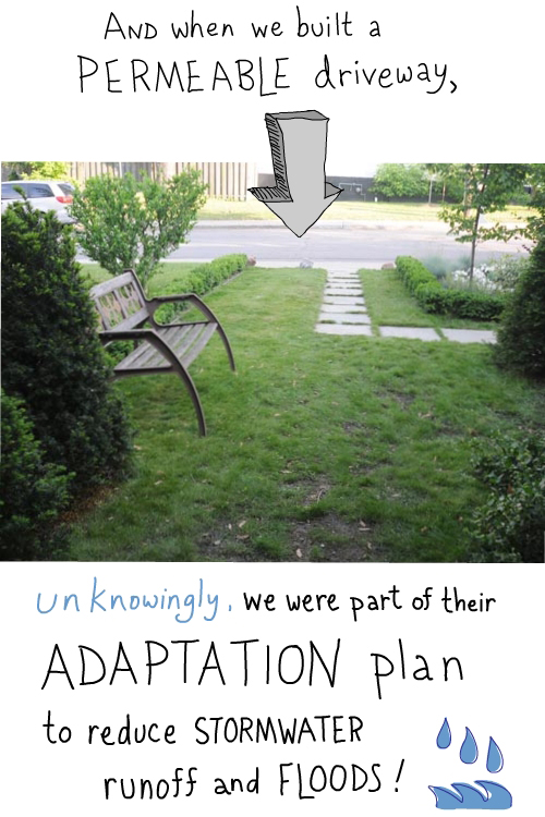 And when we built our permeable driveway, unknowingly, we were part of the adaptation plan to reduce storm-water run-off and floods.