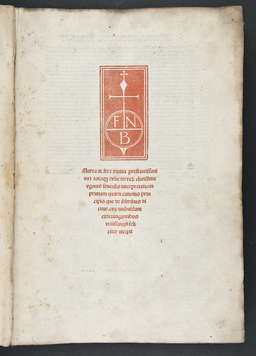 Title-page printed in red from Hugo Senensis (Bentius): Expositio in primam fen quarti Canonis Avicennae