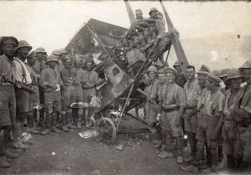 British soldiers posing with a wrecked Ottoman AEG C.IV fighter plane. Palestine. WW1.