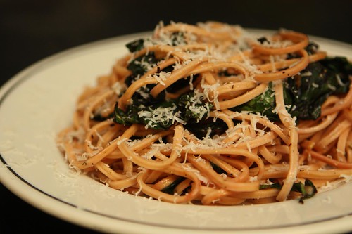 Flour City Red Onion Linguine with Beet Greens, Garlic, and Parmigiano-Reggiano