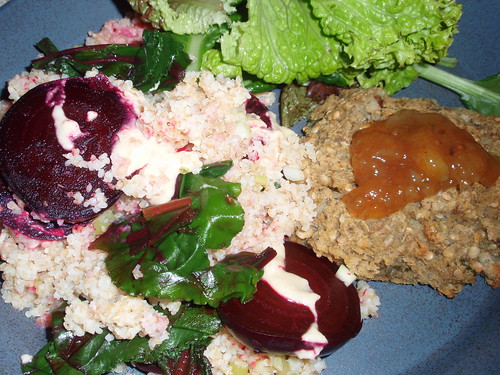 Beets and Greens with Bulgur and Miso Tahini Sauce; Curried Eggplant and Garbanzo Patties