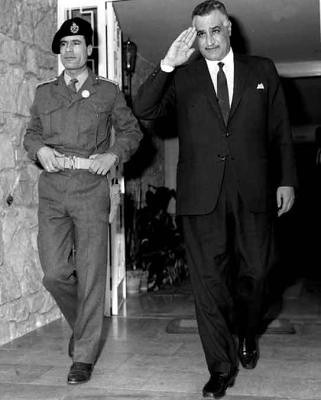 Libyan revolutionary leader Muammar Gaddafi and President of Egypt Gamal Abdel Nassar together in the aftermath of the Al-Fateh Revolution of 1969 in Tripoli.  US imperialism and NATO are bombing the North African state in 2011. by Pan-African News Wire File Photos