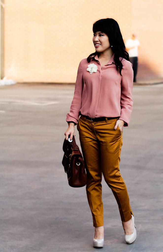 forever 21 love 21 semi-sheer apricot button up, olsenboye faux fur white vest, h&m mustard cropped pants, sole society marco santi dash nude pumps, mk5430, tjmaxx vieta lucille buckle satchel, enzo milano 25mm clipless wand, 