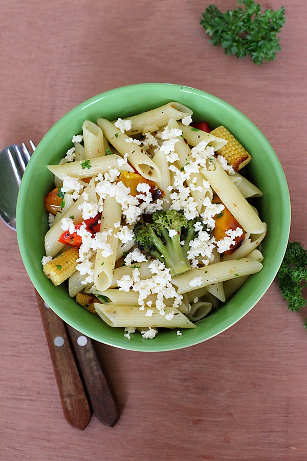 Pasta With Roasted Vegetables And Crumbled Fresh Cheese