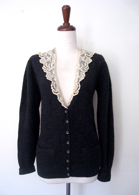 Lace Collar Charcoal Gray Wool Cardigan, vintage 80s