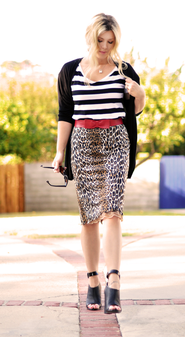 Stripes and Leopard Print  with  red bow belt 