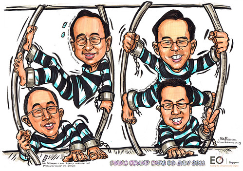 Group caricatures for EO Singapore - breaking out of prison