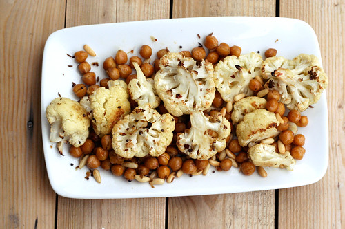 Spicy Roasted Cauliflower and Chickpeas with Pine Nuts