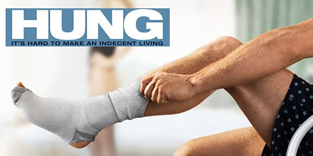 hbo hung promotional image of a white man's arm pulling up the sock on his left leg