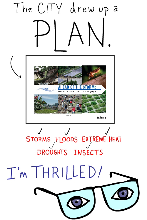 The city drew up a plan for storms, &nbsp;floods, extreme heat, droughts, insects. I am thrilled!