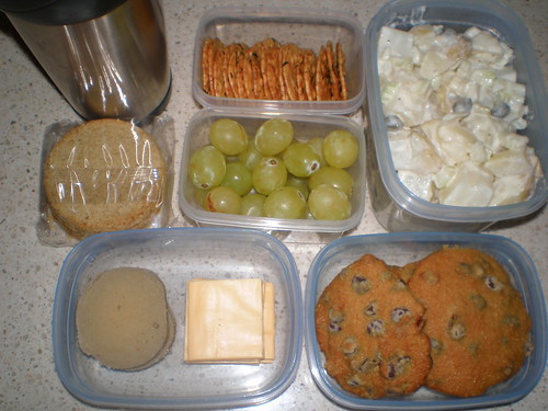 Lunch Nibbles; Easy Potato Salad; grapes; Back-To-School Chocolate Chip Cookies; Soy milk