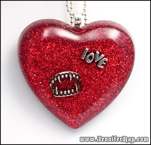 Vampire Love Bite - Red Glitter Resin Heart Necklace by JenniferRay.com