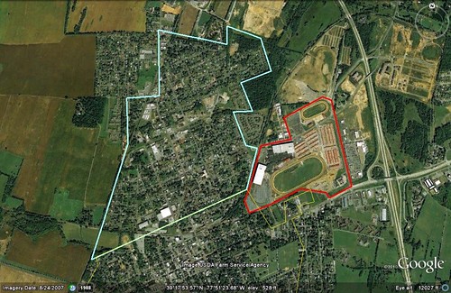 Ranson in blue, Hollywood Casino at Charles Town Races in red (via Google Earth)
