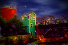 Chicago River North Branch & Grand Ave. control tower and drawbridge - dusk by doug.siefken