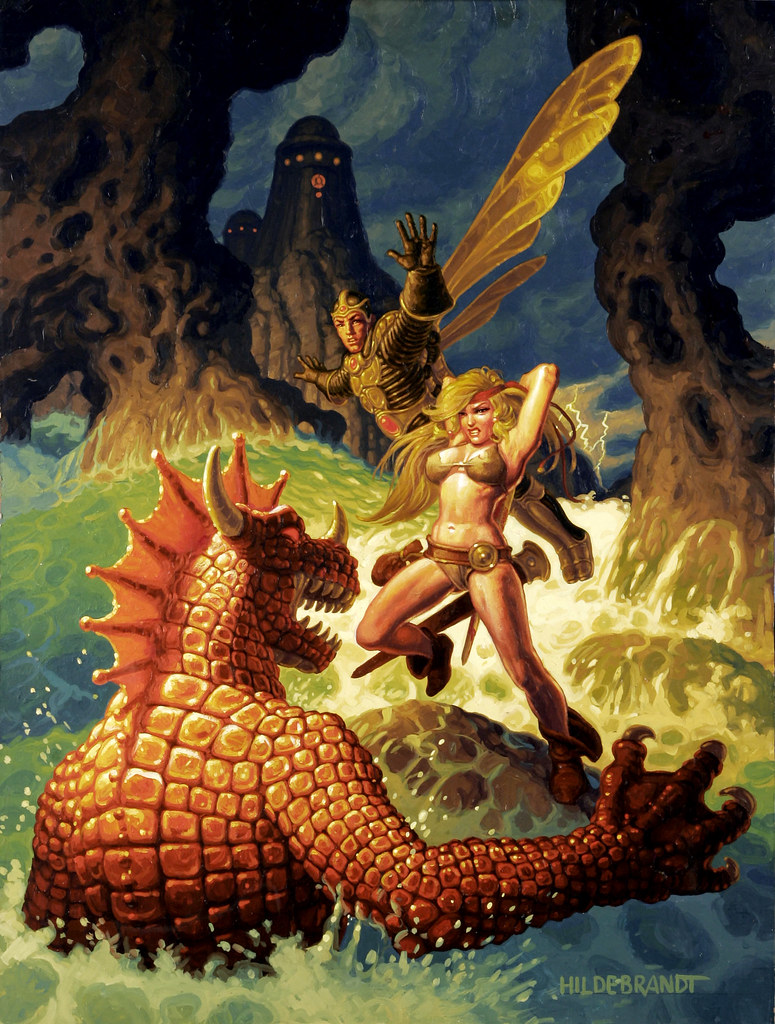 Greg and Tim Hildebrandt - Battle with Red Sea Beast Painting Original Art (1982).