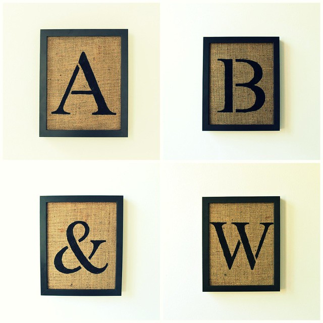 stencil style alphabet letters on burlap wall decor