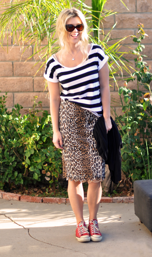 stripes + leopard skirt + red converse